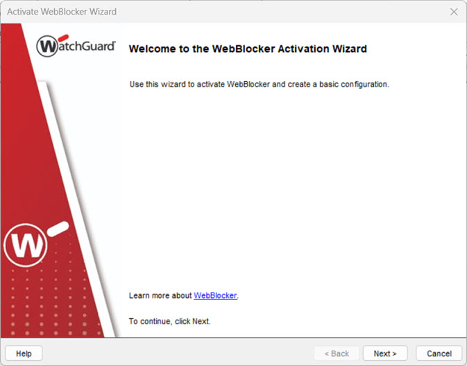 Screen shot of the WebBlocker Activation Wizard welcome page.