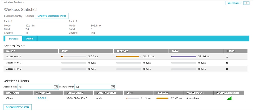 Screen shot of the Wireless Statistics page