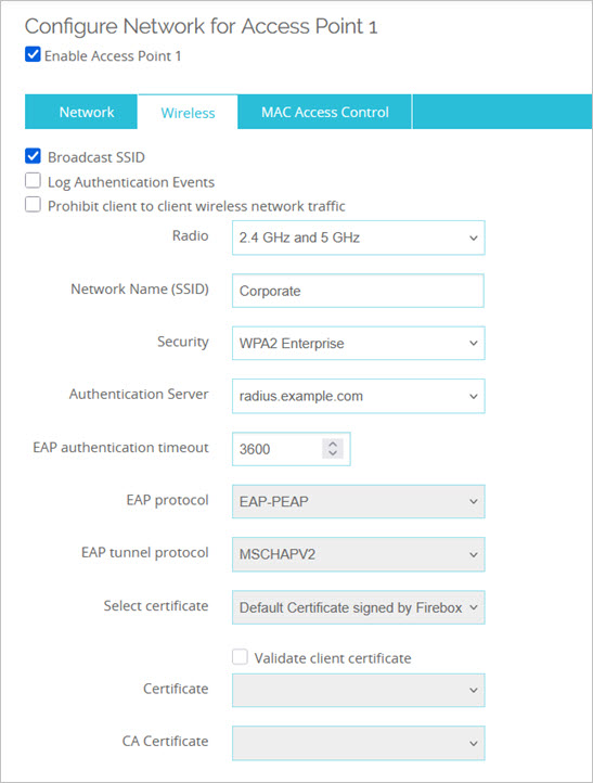 Screen shot of the Wireless tab Enterprise Authentication settings for dual radio Firebox
