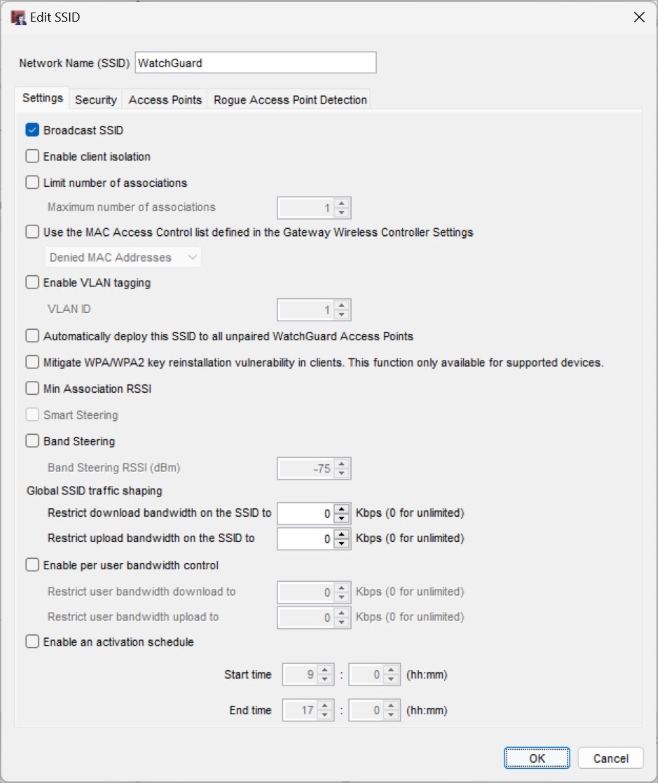 Screen shot of the Add SSID dialog box, Settings tab
