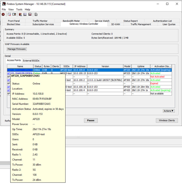 Screenshot of pop-up window with detailed information about the AP