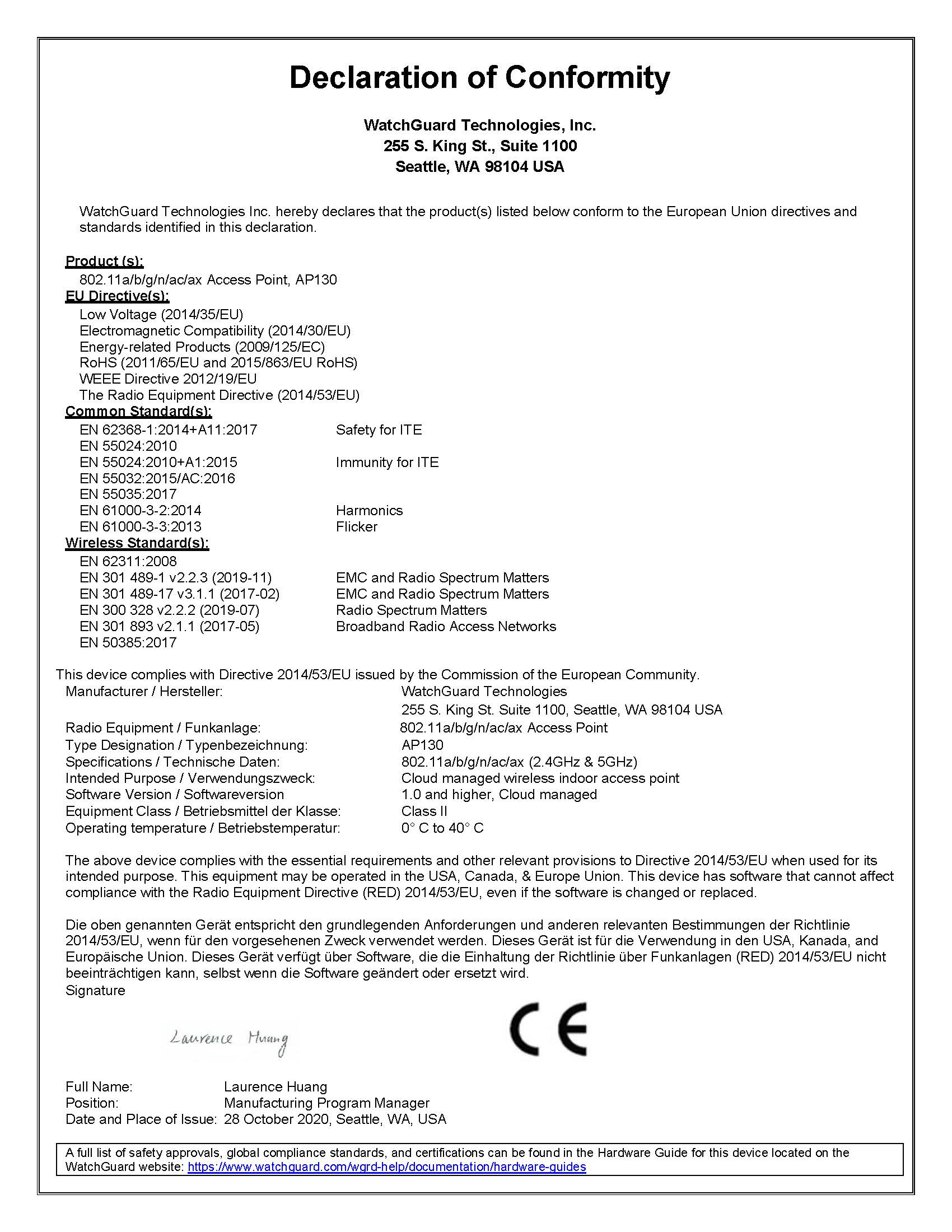 AP130 Declaration of Conformity