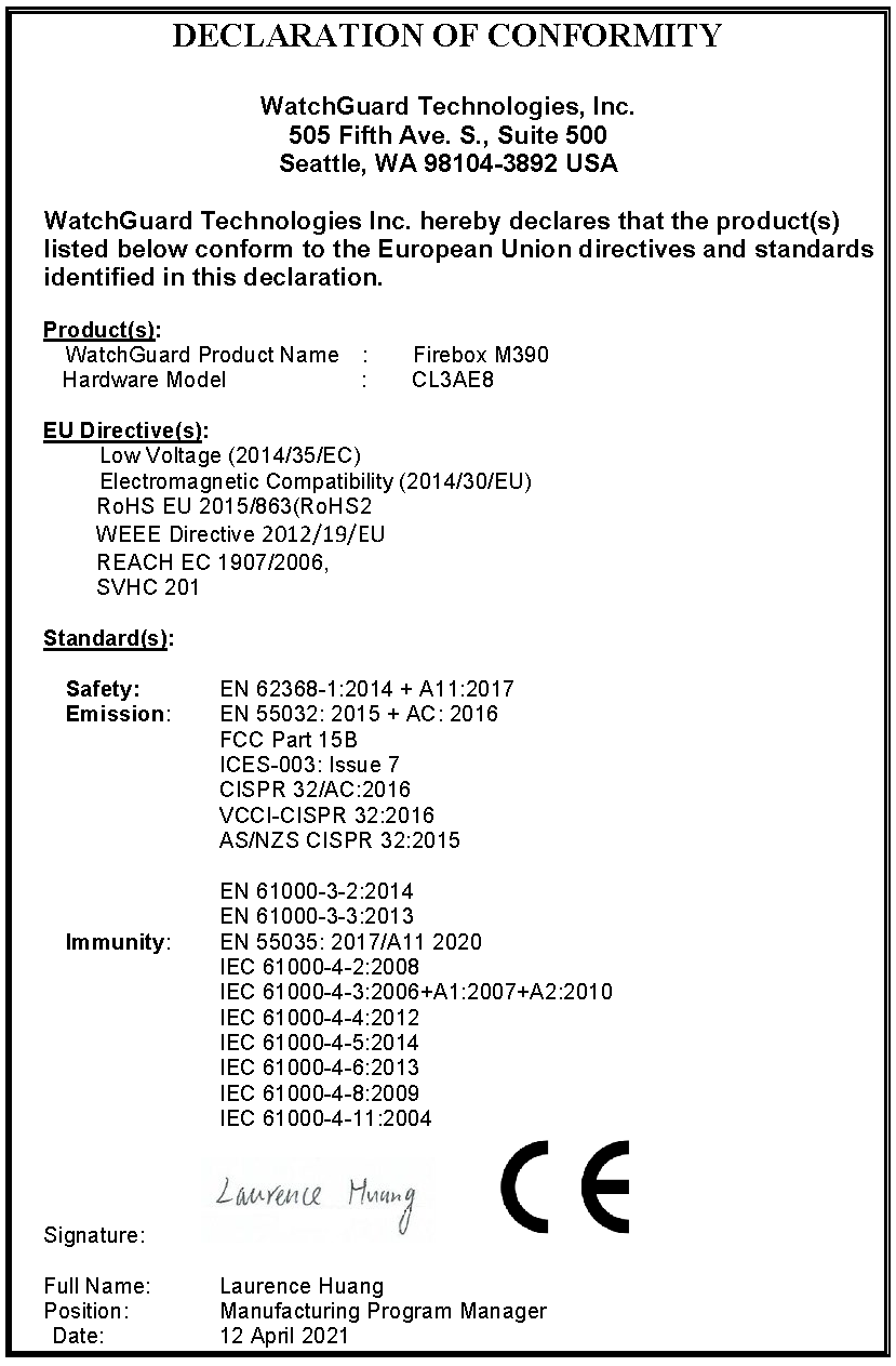 Declaration of Conformity for the M390