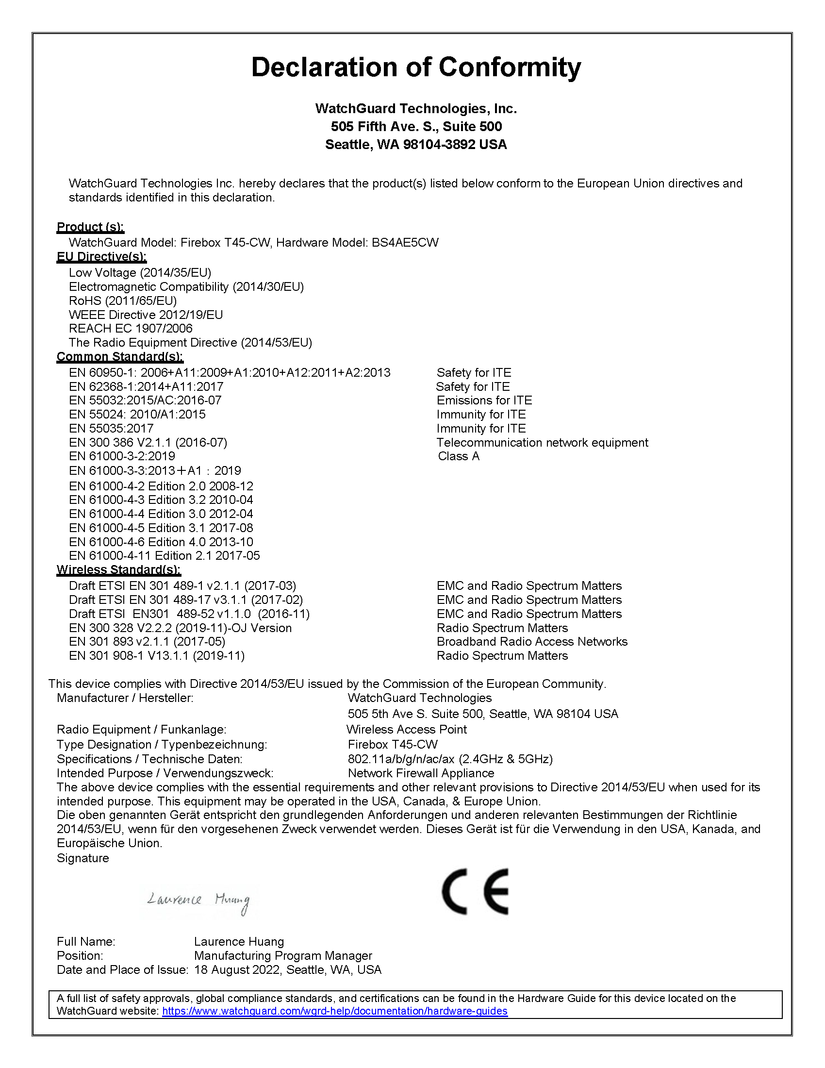 Declaration of Conformity for the T45-CW