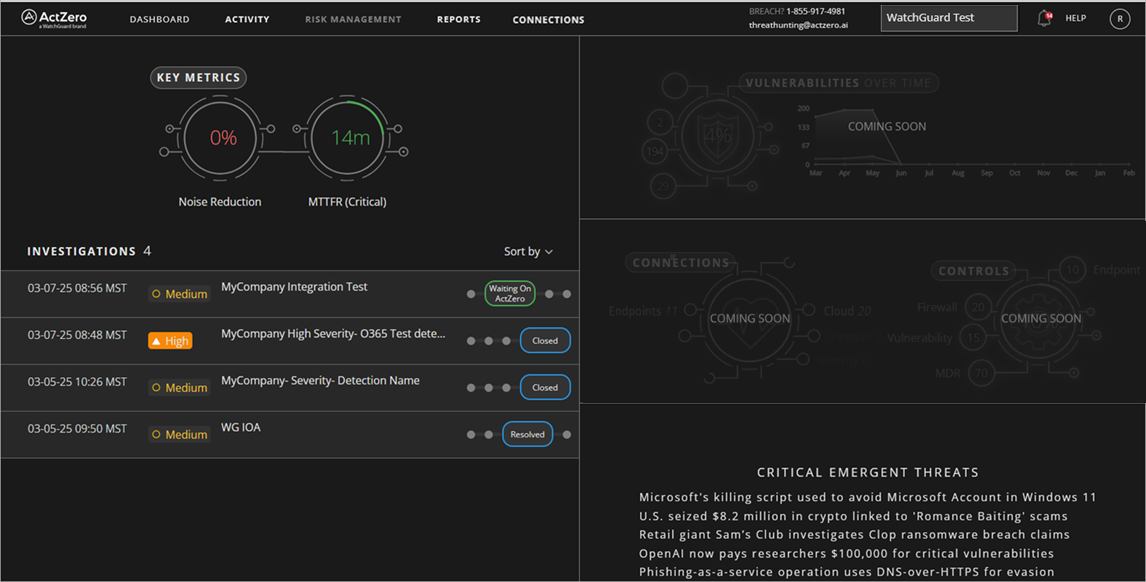 Screen shot of the MDR portal Dashboard page