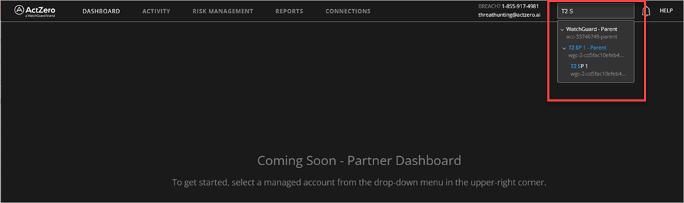 Screen shot of the MDR portal Dashboard page