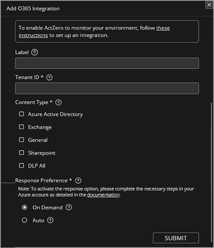 Screen shot of MDR portal O365 integration settings dialog box