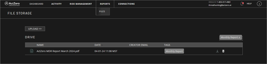 Screen shot of MDR portal reports page