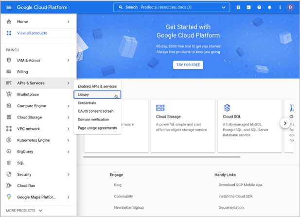 Screen shot of Google Cloud Platform console menu