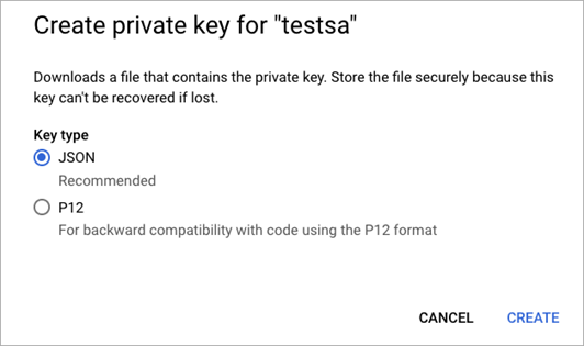 Screen shot of Google Workspace Service Accounts Create Private Key dialog box