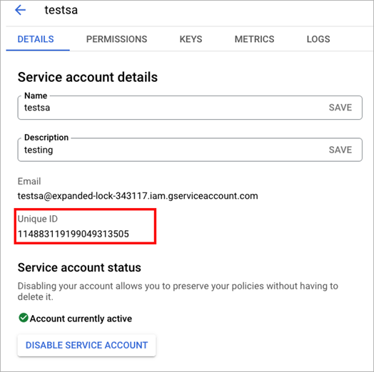 Screen shot of Google Workspace Service Account Details page