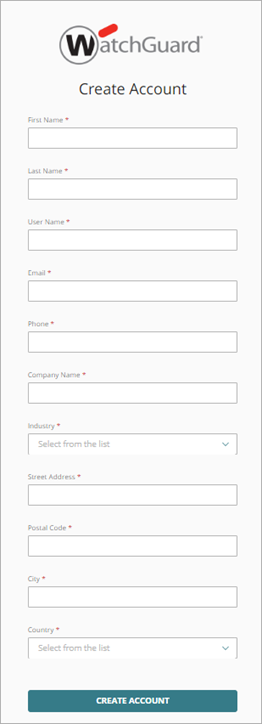 Screenshot of create account page