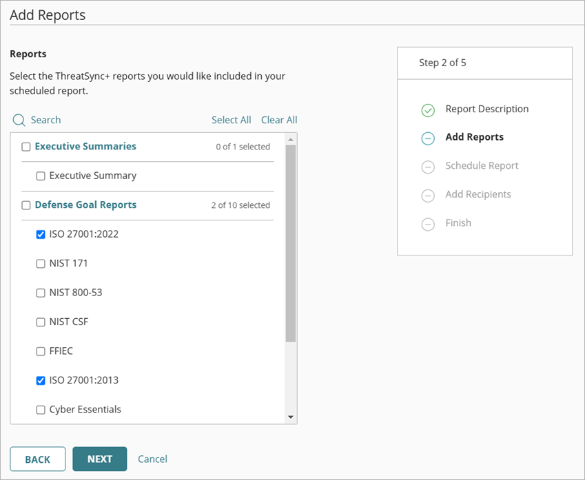Screen shot of Add Reports page in WatchGuard Cloud