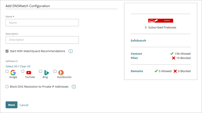 Screenshot of the first page of the Add DNSWatch Configuration wizard.