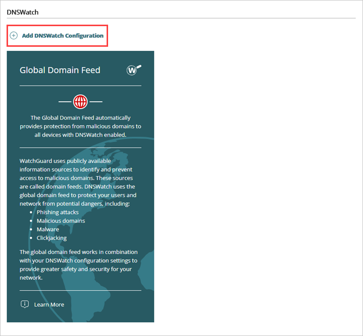 Screenshot of the DNSWatch page with Add DNSWatch Configuration highlighted.
