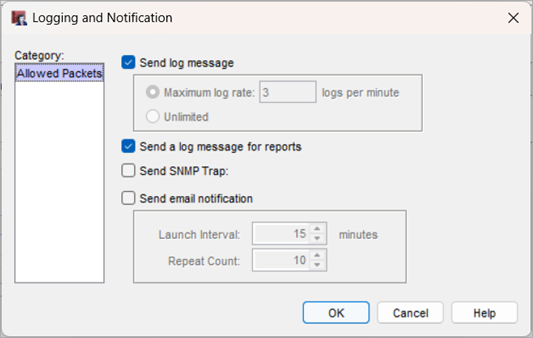 Screenshot of the Logging and Notification dialog box in Policy Manager for a proxy policy