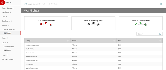 Screenshot of the DNSWatch Report in the Services menu