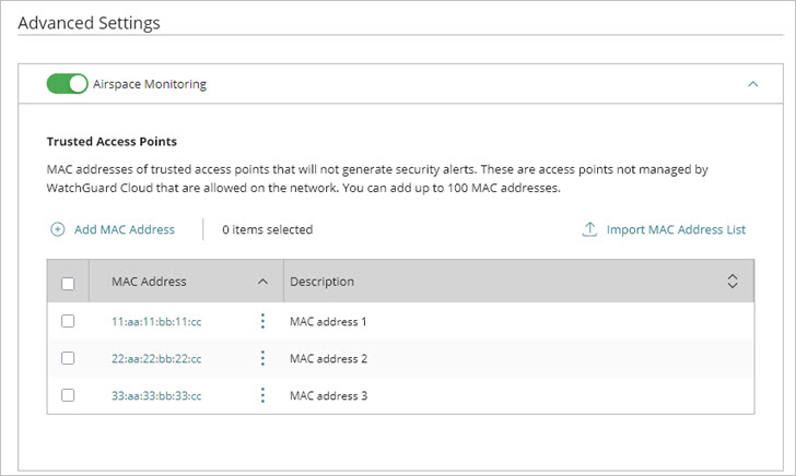 Screenshot of the Trusted Access Poiints import settings