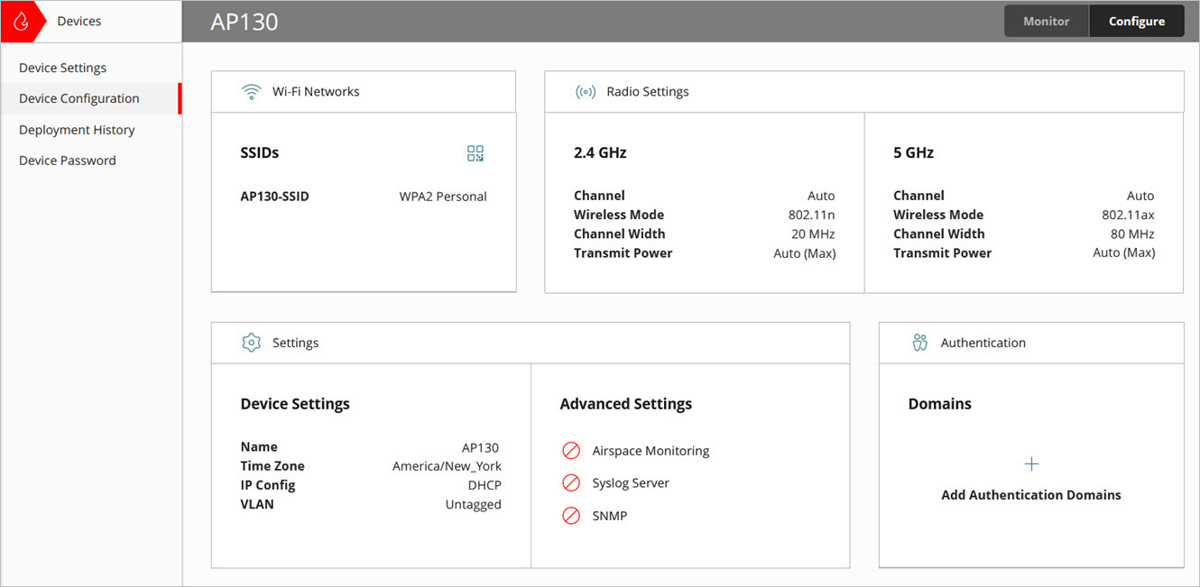 Screen shot of the Device Configuration page for access points