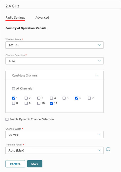 Screen shot of the 2.4GHz radio settings for an access point
