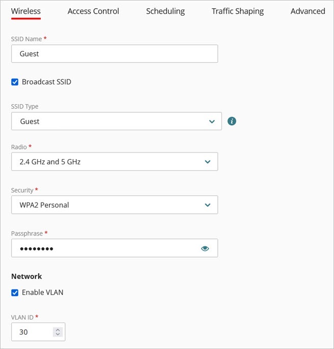 Screen shot of the VLAN configuration on an SSID in WatchGuard Cloud