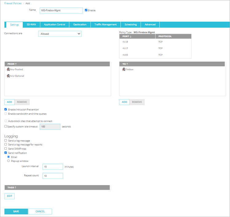 Screenshot of the new firewall policy settings