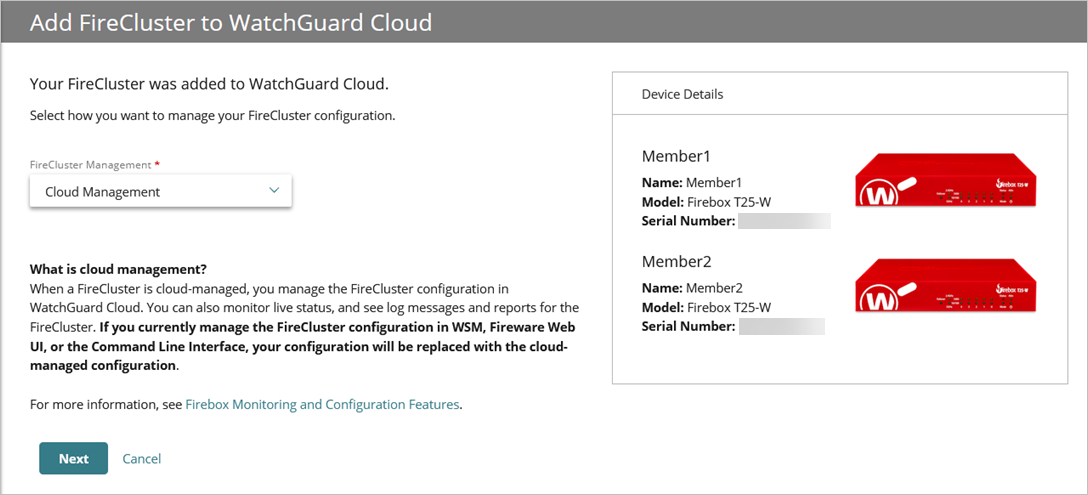 Screen shot of the Add Device Wizard confirmation page for FireCluster