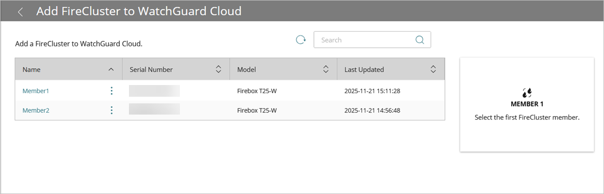 Screen shot of the Add Device Wizard device list for FireCluster