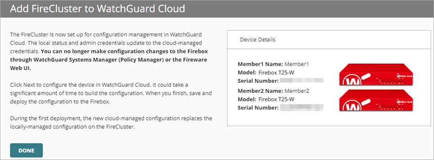 Screen shot of the final page of the Add Device Wizard for FireCluster