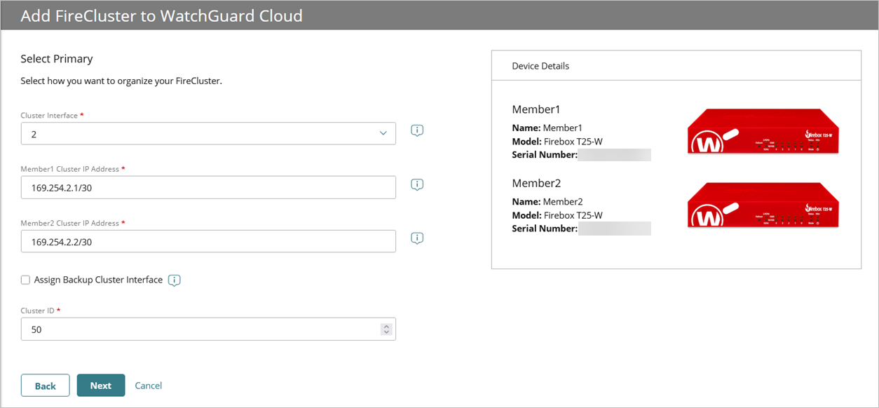 Screen shot of the FireCluster interface settings