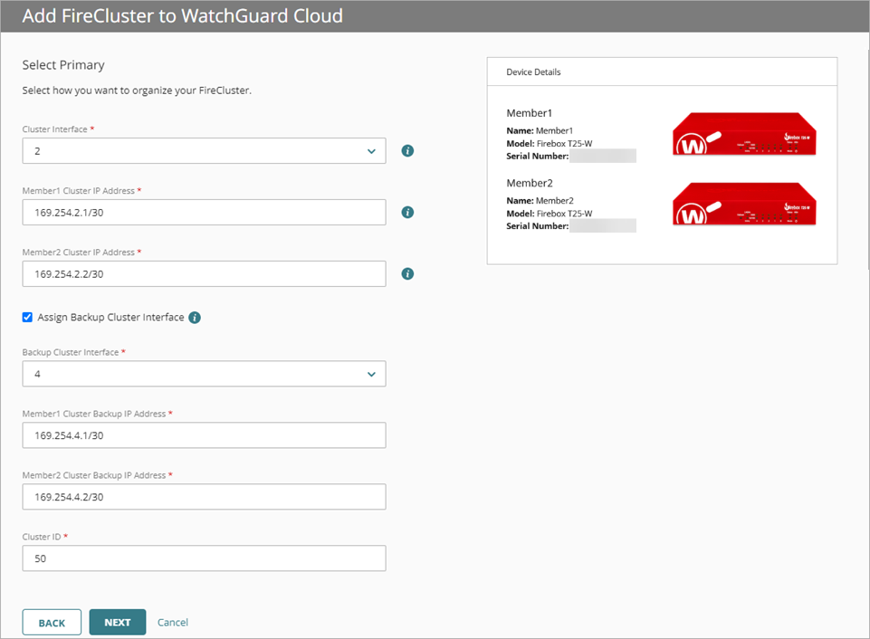 Screen shot of a FireCluster configuration with a Backup Cluster Interface