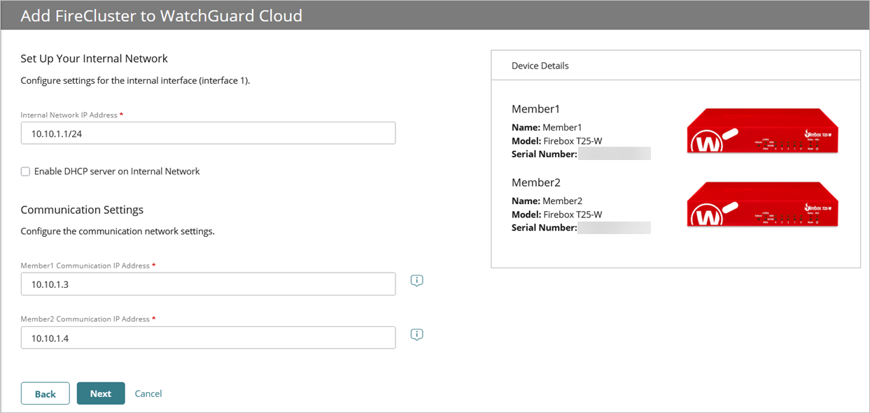 Screen shot of the internal interface settings for FireCluster