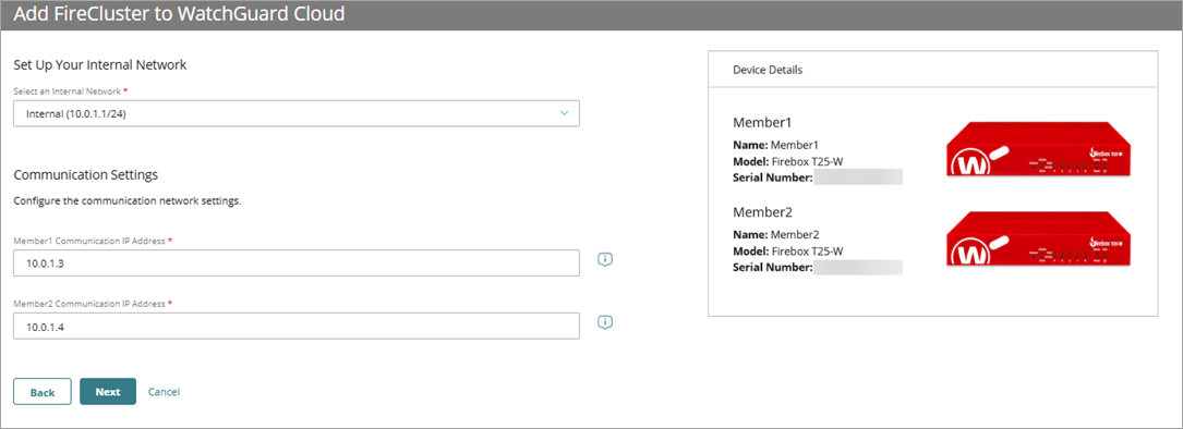 Screenshot of the internal network and member communication IP settings for FireCluster