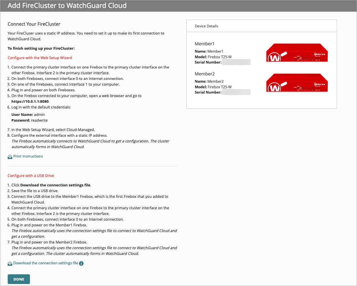 Screen shot of the finish page of the Add Device Wizard for FireCluster with static IP address