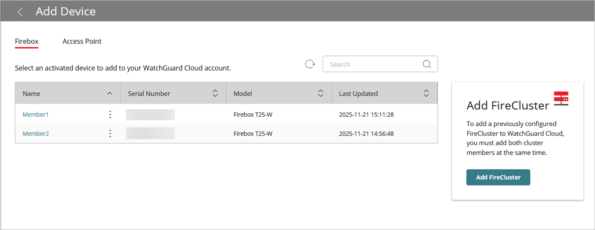Screen shot of the Add Device Wizard for FireCluster (first page)