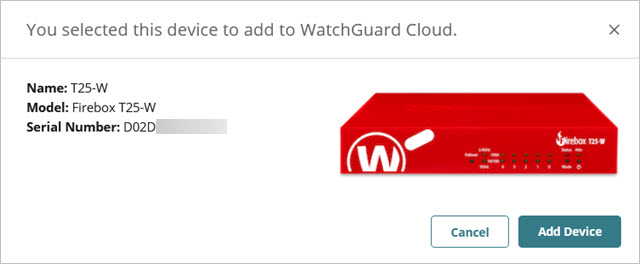 Screen shot of the Add Device wizard with a Firebox selected