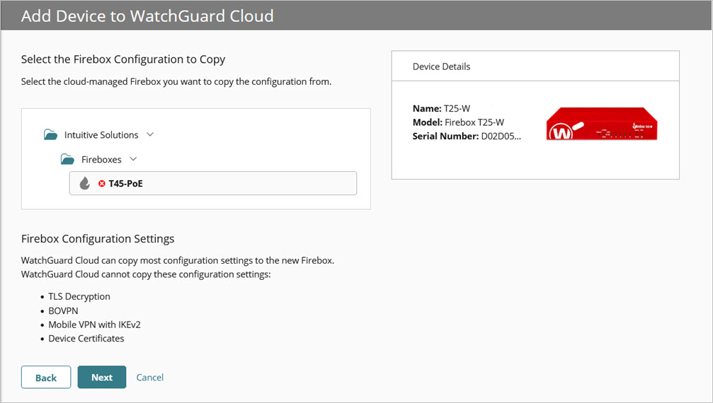 Screen shot of the Add Device wizard Firebox selection for copy configuration settings