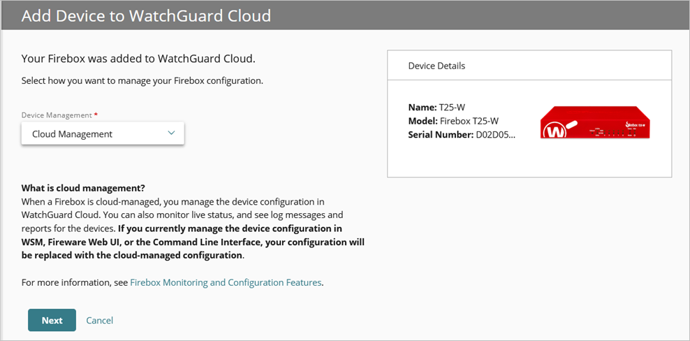 Screen shot of the Add Device page with the Cloud Management option selected