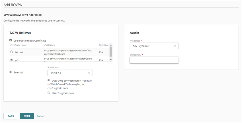Screenshot of the IPSec certificate option in the Add a BOVPN Wizard