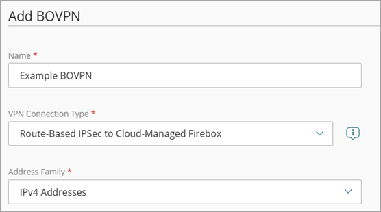 Screen shot of the Add BOVPN page, name and type settings