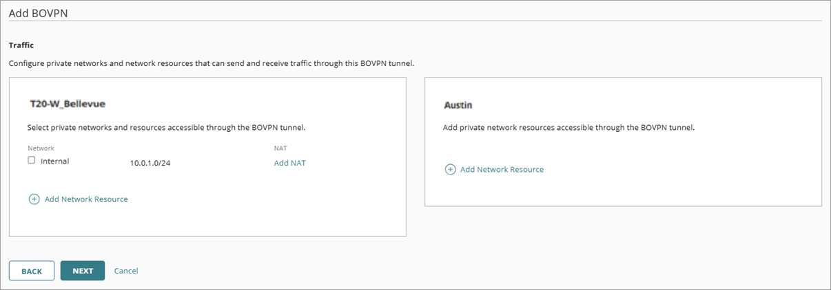 Screen shot of the Add BOVPN and network resources page 