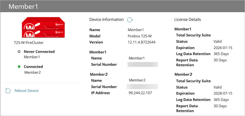 Screen shot of the Device Summary page for a Firebox with FireCluster status