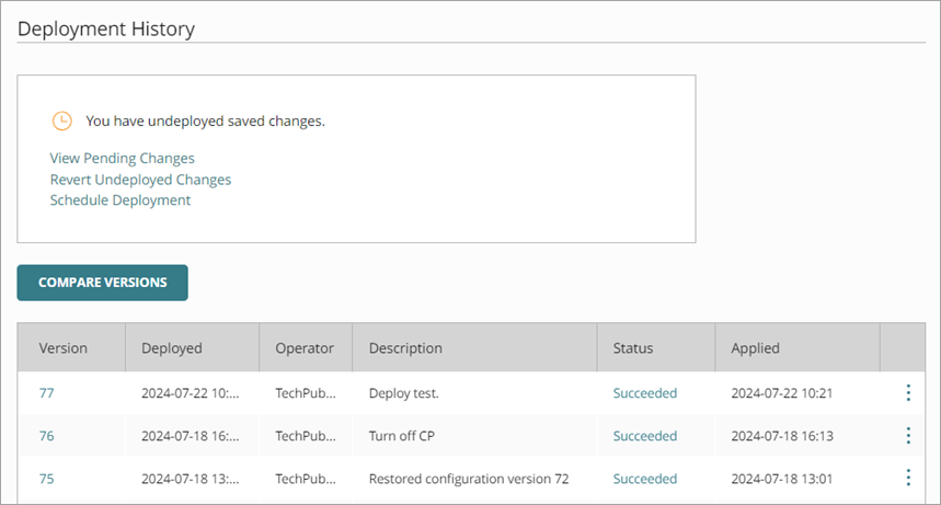 Screenshot of the Deployment History page with undeployed changes