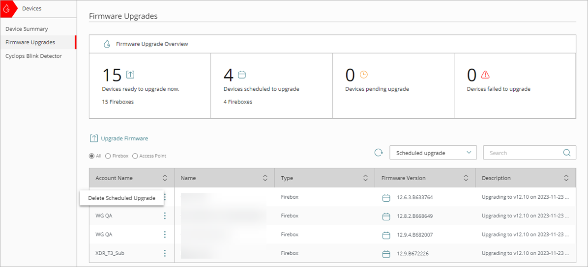 Screenshot of delete scheduled upgrade settings on the Firmware Upgrade page