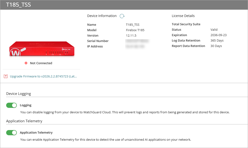 Screenshot of the Configure page for a Firebox that is not connected