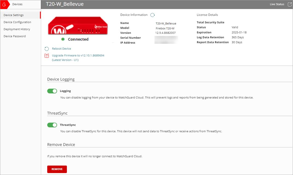 Screenshot of the Device Settings page for a Firebox