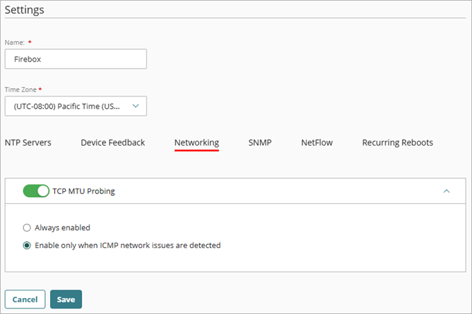 Screenshot of the device settings for a cloud-managed Firebox with TCP MTU Probing enabled