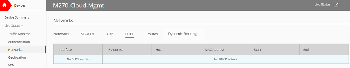 Screen shot of WatchGuard Cloud, Live Status, Networks DHCP