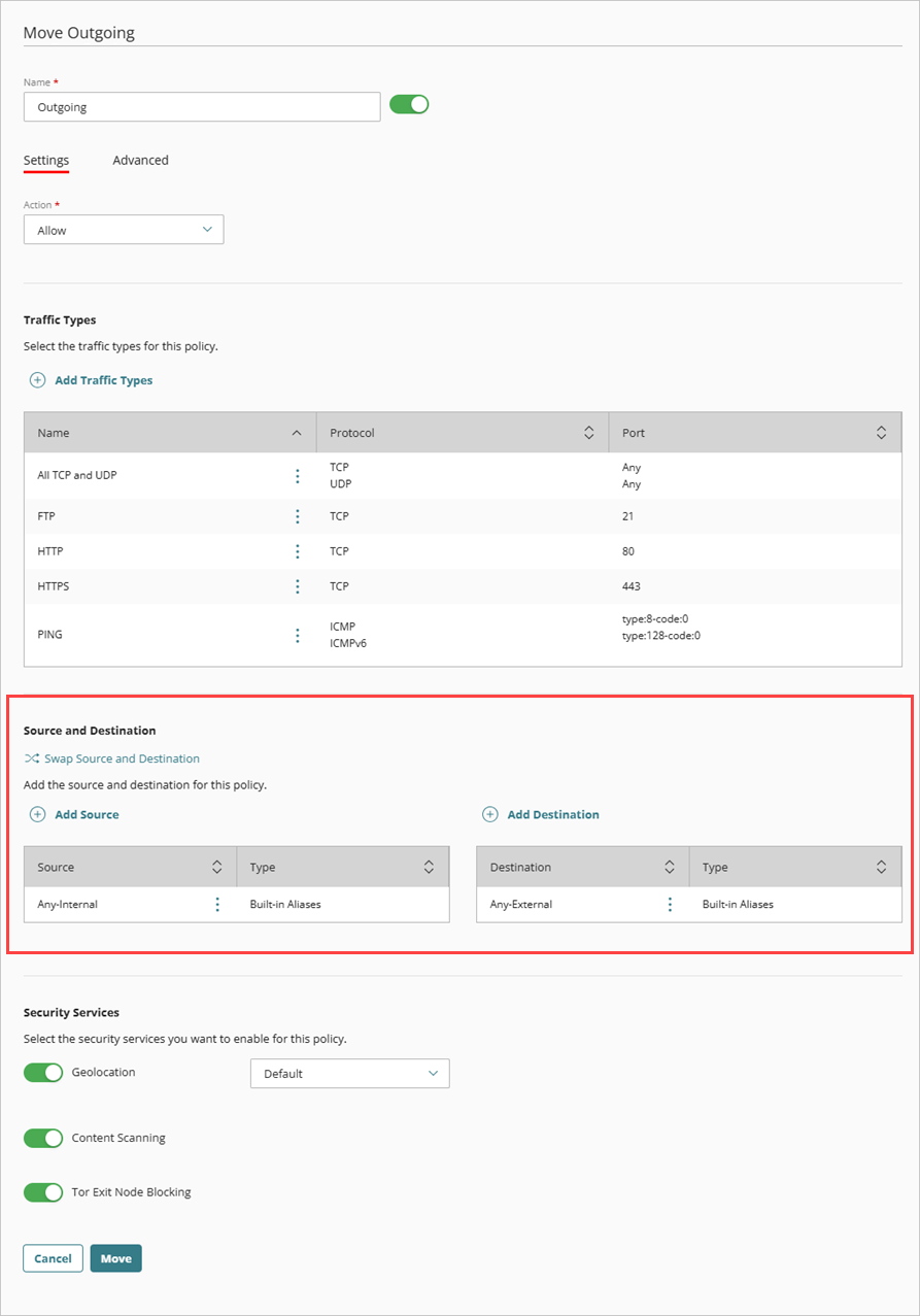 Screenshot of the Move Policy Settings page with the Source and Destination section highlighted.