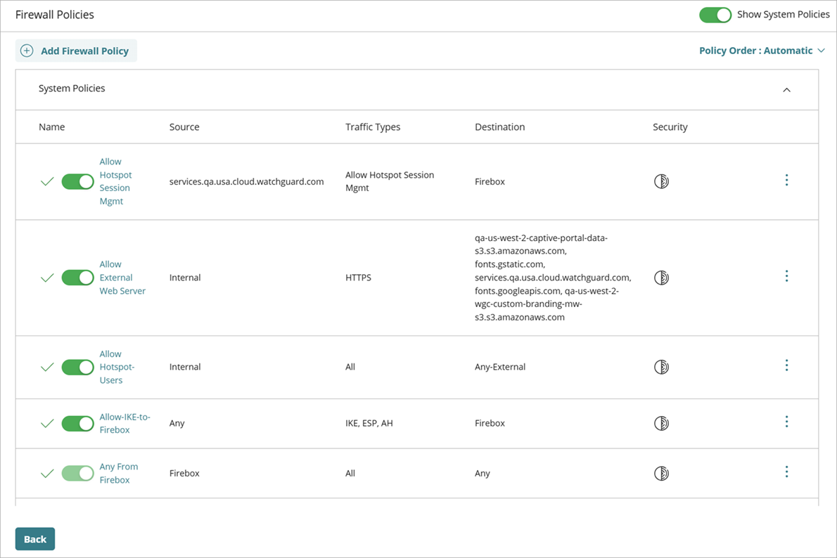 Screen shot of the System Policies list